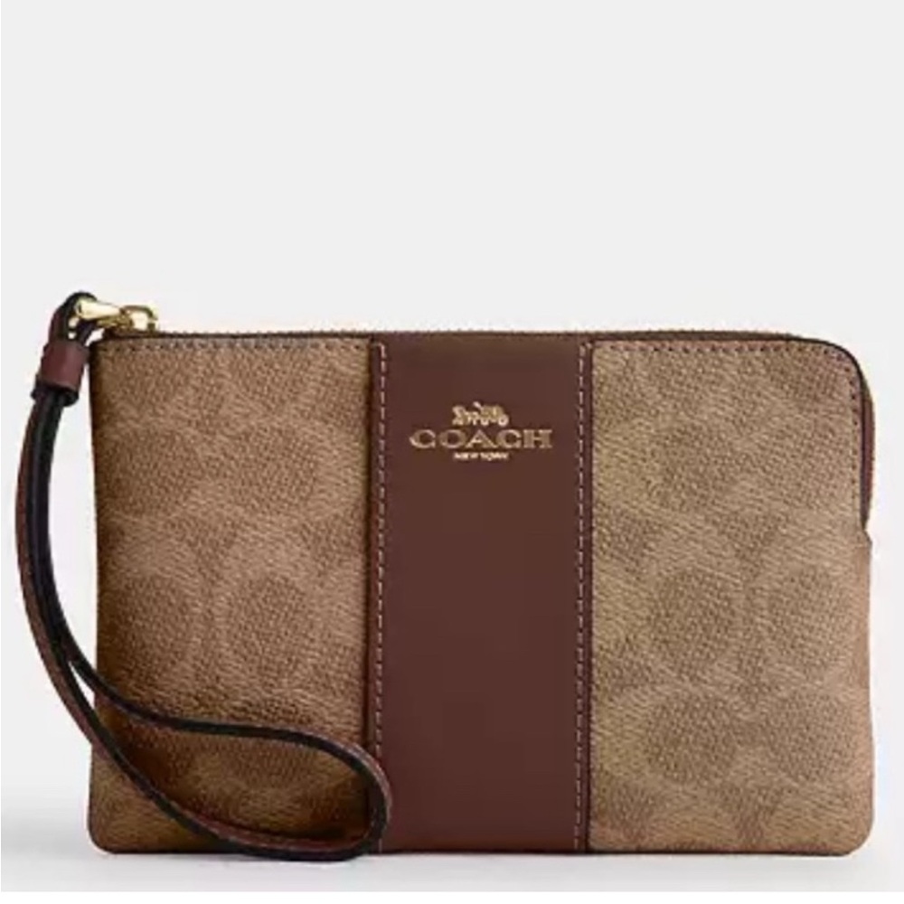 Coach Brown Corner Zip Wristlet Signature Canvas NWT